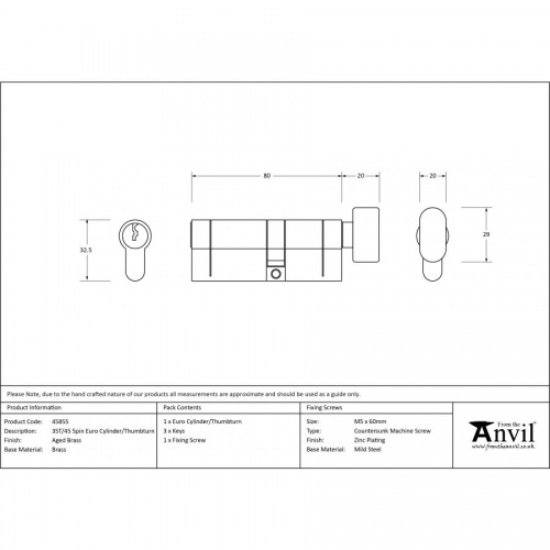 Aged Brass 35T/45 5pin Euro Cylinder/Thumbturn